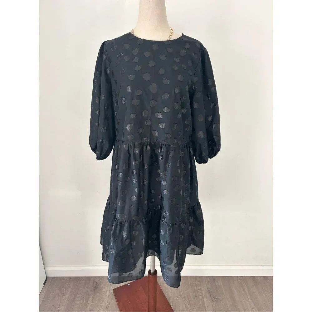 Ann Taylor Black Babydoll Dress sheer Tiered Flouncy Floral Ruffle Party Tent S